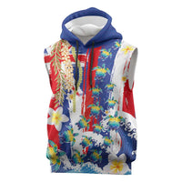 Hawaiian Sea Turtles and Plumeria Sleeveless Hoodie with Lei and Flag Grunge Style