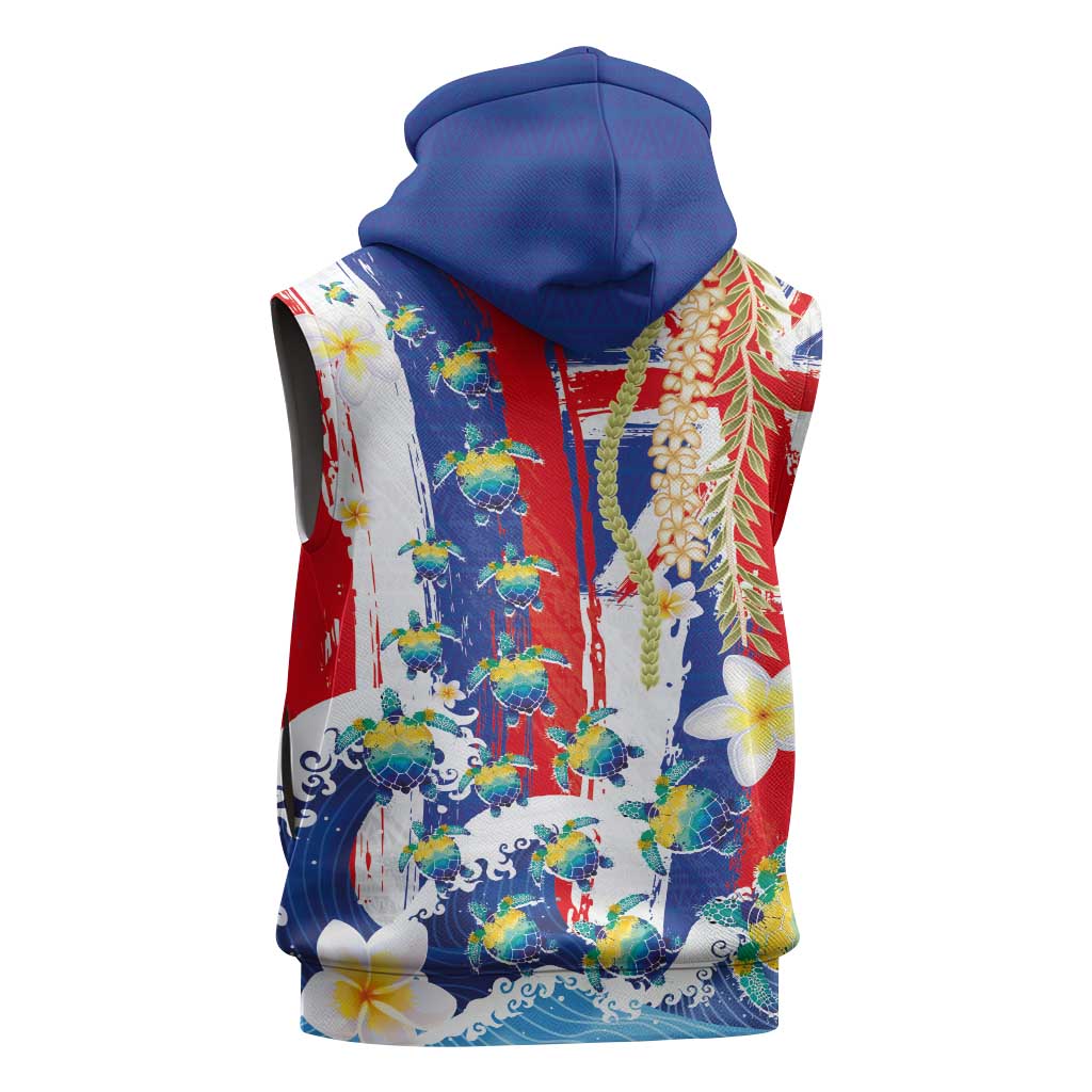 Hawaiian Sea Turtles and Plumeria Sleeveless Hoodie with Lei and Flag Grunge Style