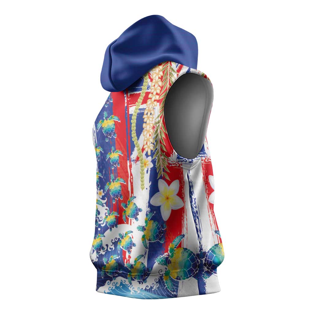 Hawaiian Sea Turtles and Plumeria Sleeveless Hoodie with Lei and Flag Grunge Style