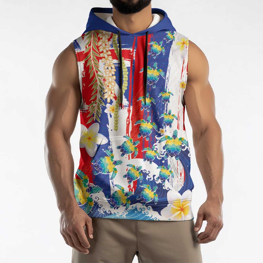 Hawaiian Sea Turtles and Plumeria Sleeveless Hoodie with Lei and Flag Grunge Style