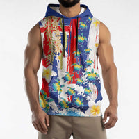 Hawaiian Sea Turtles and Plumeria Sleeveless Hoodie with Lei and Flag Grunge Style