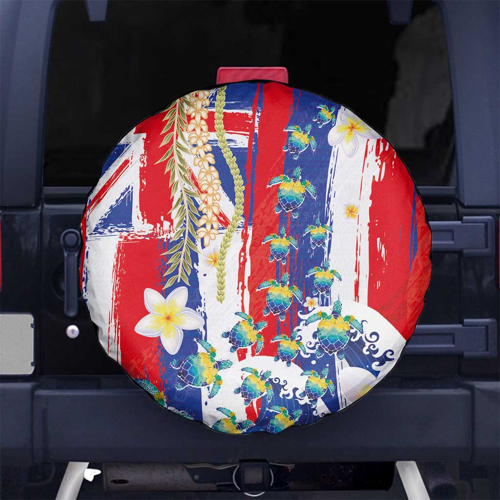 Hawaiian Sea Turtles and Plumeria Spare Tire Cover with Lei and Flag Grunge Style