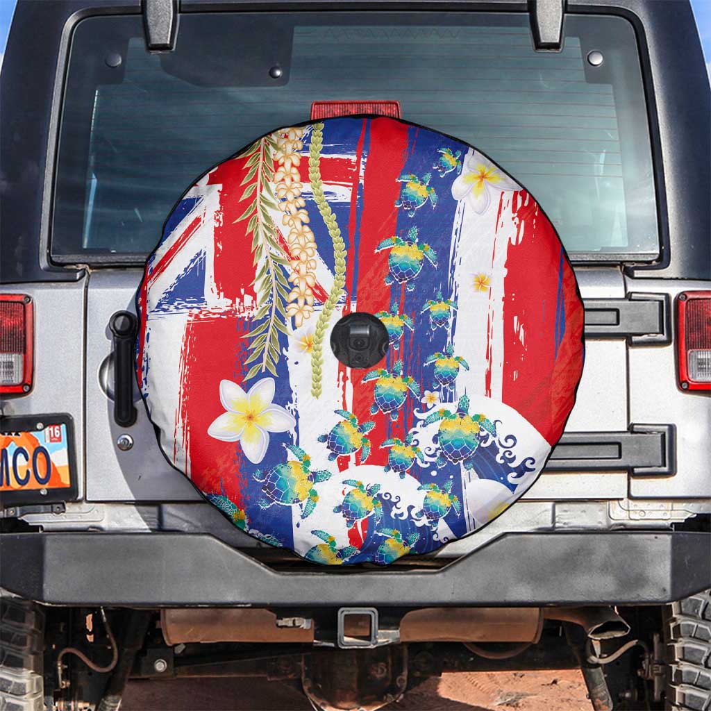 Hawaiian Sea Turtles and Plumeria Spare Tire Cover with Lei and Flag Grunge Style