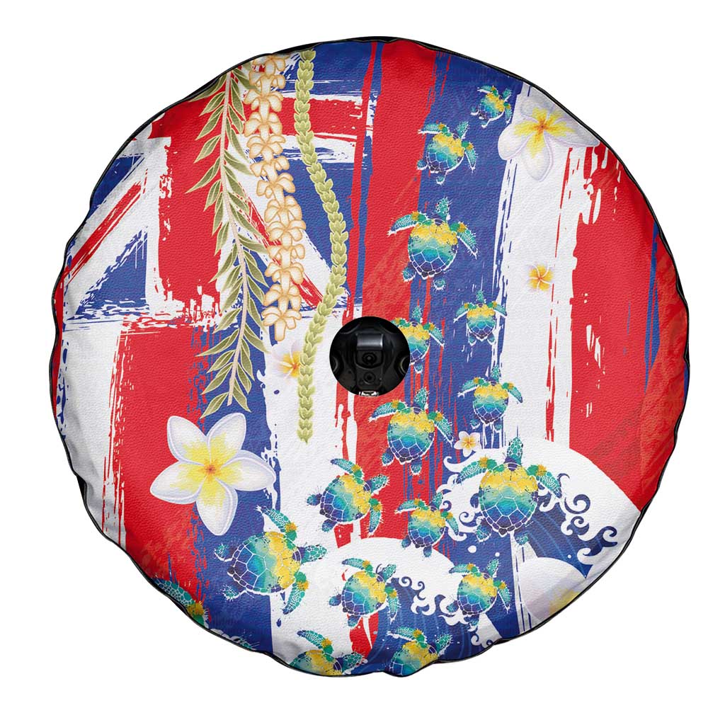 Hawaiian Sea Turtles and Plumeria Spare Tire Cover with Lei and Flag Grunge Style