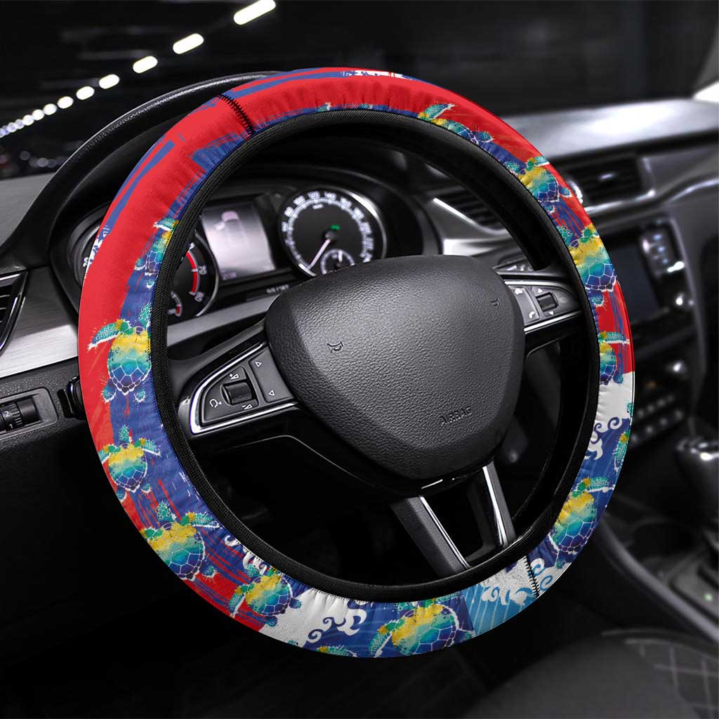 Hawaiian Sea Turtles and Plumeria Steering Wheel Cover with Lei and Flag Grunge Style
