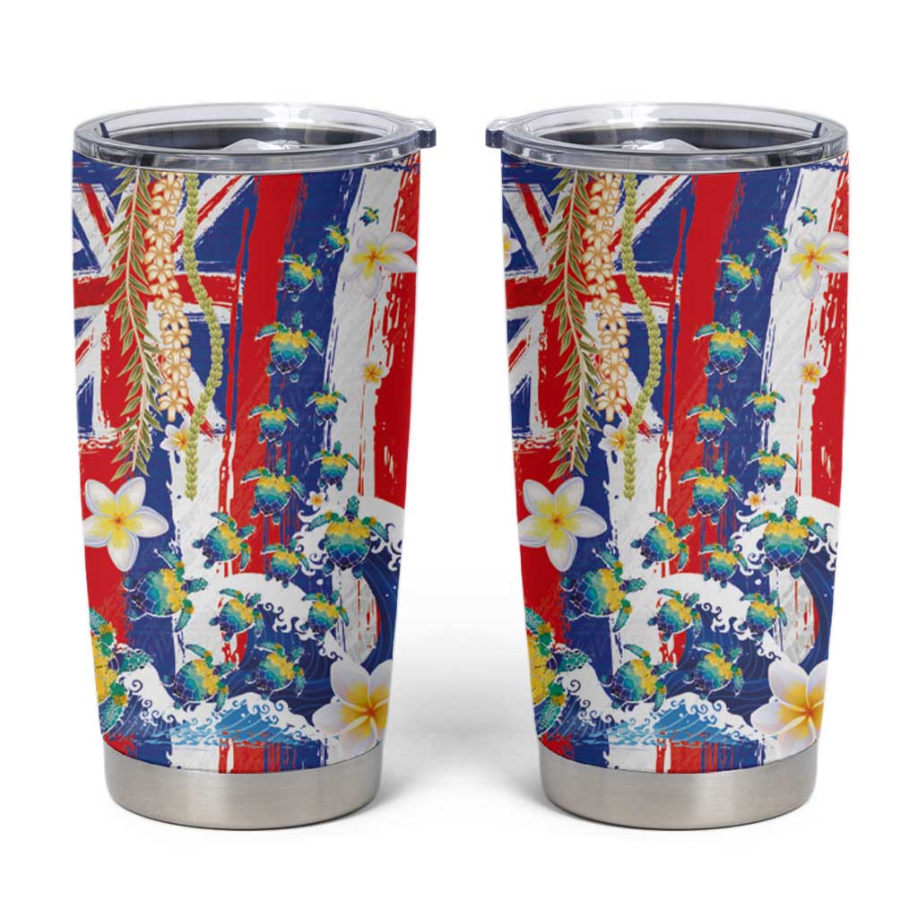 Hawaiian Sea Turtles and Plumeria Tumbler Cup with Lei and Flag Grunge Style