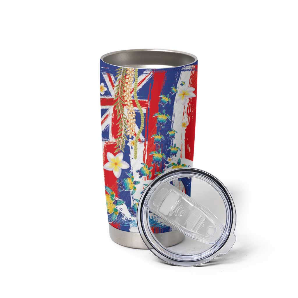 Hawaiian Sea Turtles and Plumeria Tumbler Cup with Lei and Flag Grunge Style