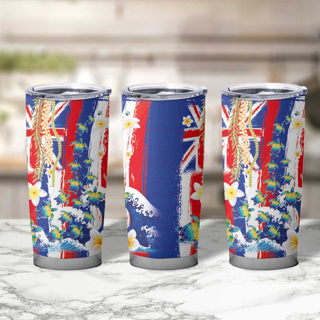Hawaiian Sea Turtles and Plumeria Tumbler Cup with Lei and Flag Grunge Style