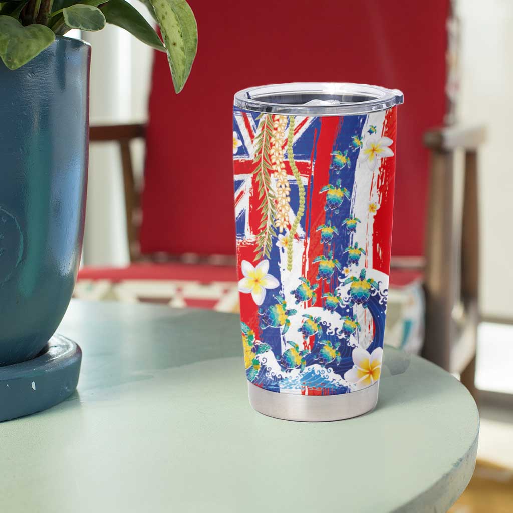 Hawaiian Sea Turtles and Plumeria Tumbler Cup with Lei and Flag Grunge Style