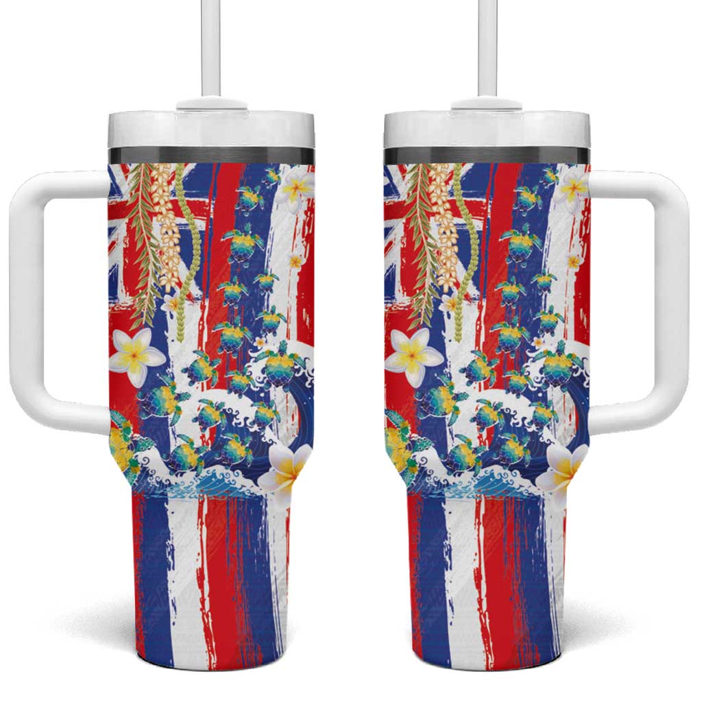 Hawaiian Sea Turtles and Plumeria Tumbler With Handle with Lei and Flag Grunge Style