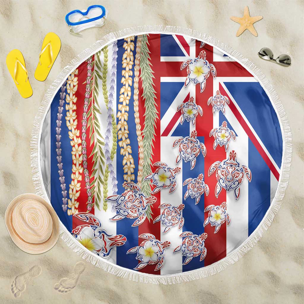 Hawaiian Polynesian Tribal Turtles Beach Blanket with Lei and Flag Style