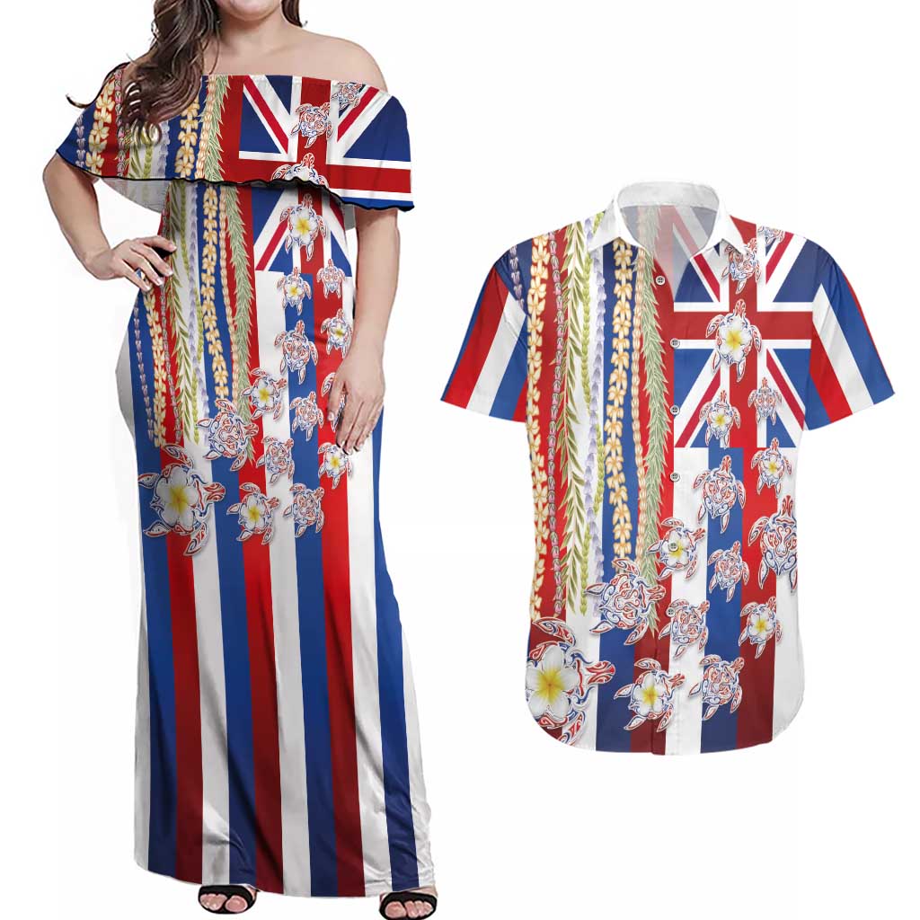 Hawaiian Polynesian Tribal Turtles Couples Matching Off Shoulder Maxi Dress and Hawaiian Shirt with Lei and Flag Style LT03 Multicolor - Polynesian Pride