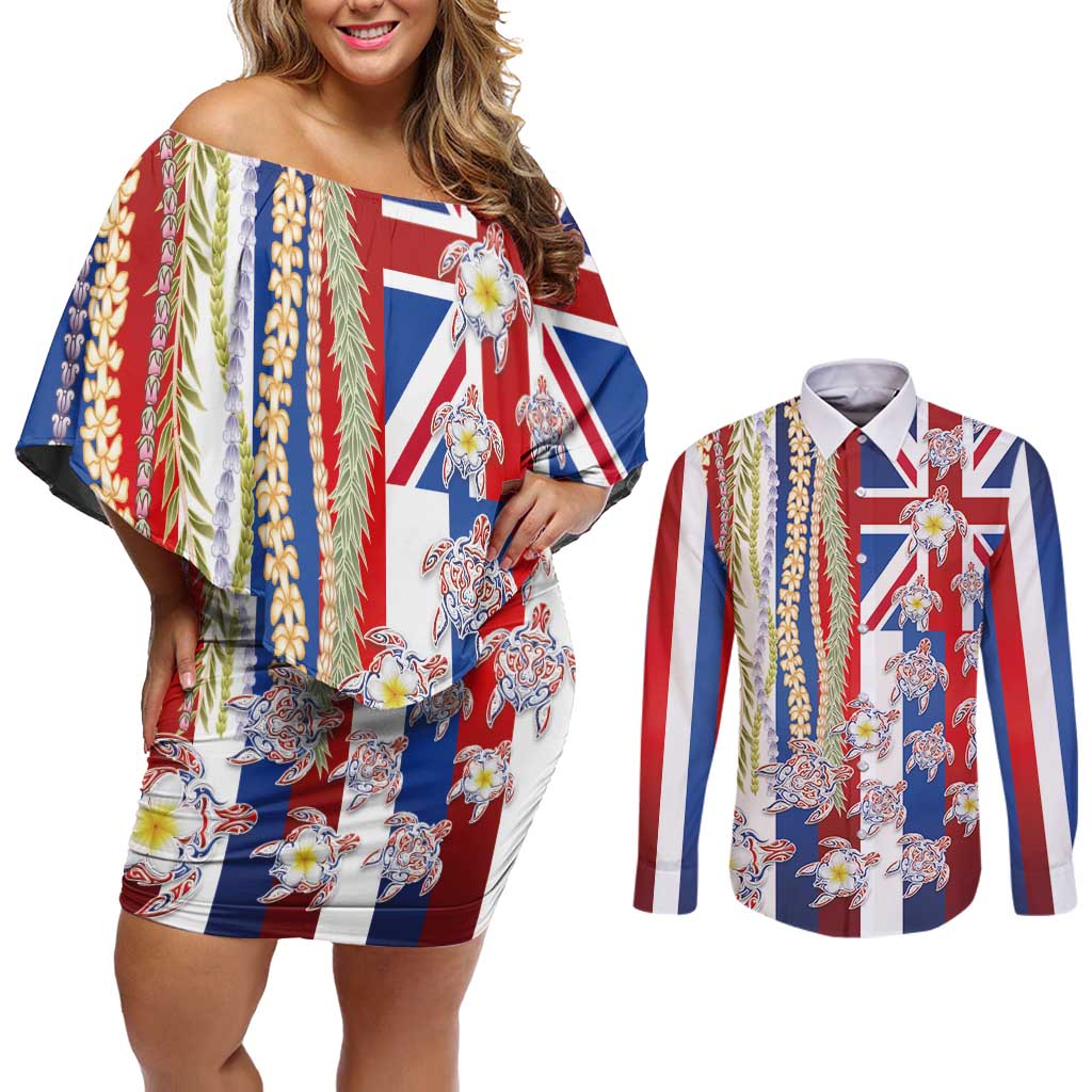 Hawaiian Polynesian Tribal Turtles Couples Matching Off Shoulder Short Dress and Long Sleeve Button Shirt with Lei and Flag Style