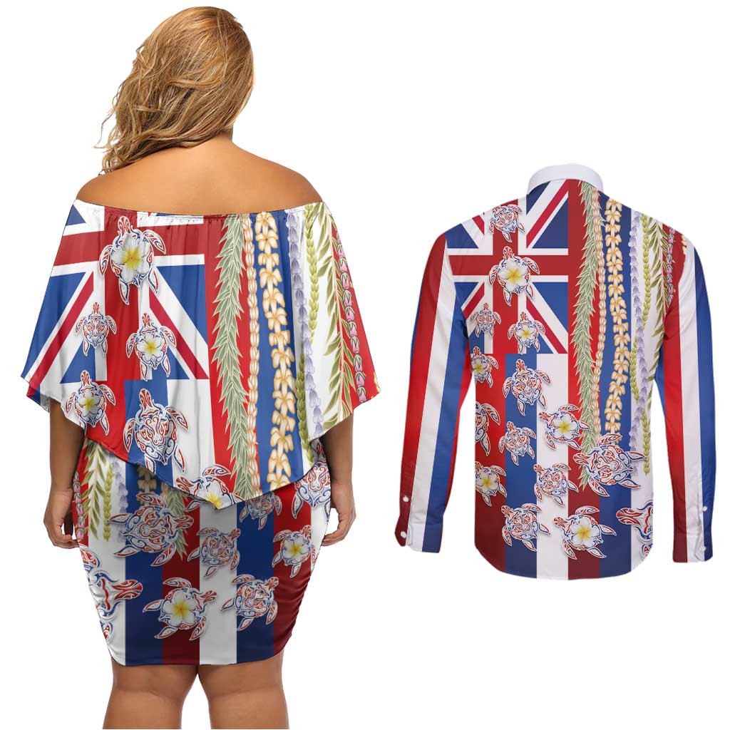 Hawaiian Polynesian Tribal Turtles Couples Matching Off Shoulder Short Dress and Long Sleeve Button Shirt with Lei and Flag Style