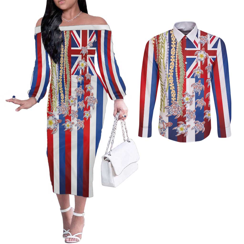 Hawaiian Polynesian Tribal Turtles Couples Matching Off The Shoulder Long Sleeve Dress and Long Sleeve Button Shirt with Lei and Flag Style LT03 Multicolor - Polynesian Pride