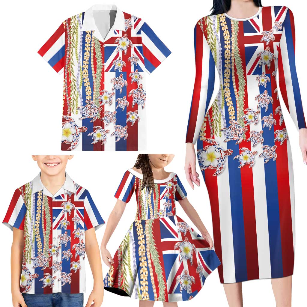 Hawaiian Polynesian Tribal Turtles Family Matching Long Sleeve Bodycon Dress and Hawaiian Shirt with Lei and Flag Style