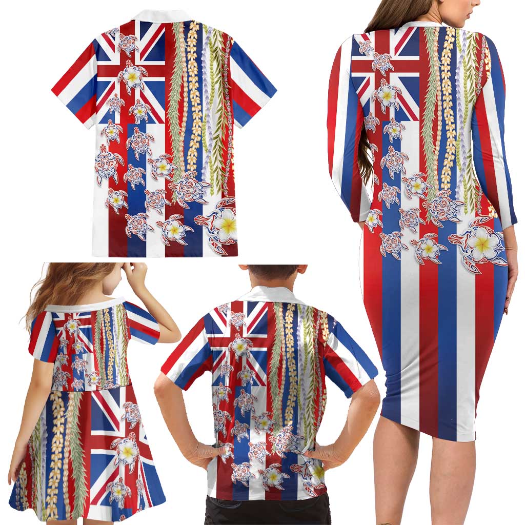 Hawaiian Polynesian Tribal Turtles Family Matching Long Sleeve Bodycon Dress and Hawaiian Shirt with Lei and Flag Style