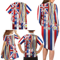 Hawaiian Polynesian Tribal Turtles Family Matching Long Sleeve Bodycon Dress and Hawaiian Shirt with Lei and Flag Style