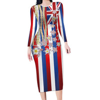 Hawaiian Polynesian Tribal Turtles Family Matching Long Sleeve Bodycon Dress and Hawaiian Shirt with Lei and Flag Style