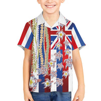 Hawaiian Polynesian Tribal Turtles Family Matching Long Sleeve Bodycon Dress and Hawaiian Shirt with Lei and Flag Style