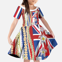 Hawaiian Polynesian Tribal Turtles Family Matching Off The Shoulder Long Sleeve Dress and Hawaiian Shirt with Lei and Flag Style
