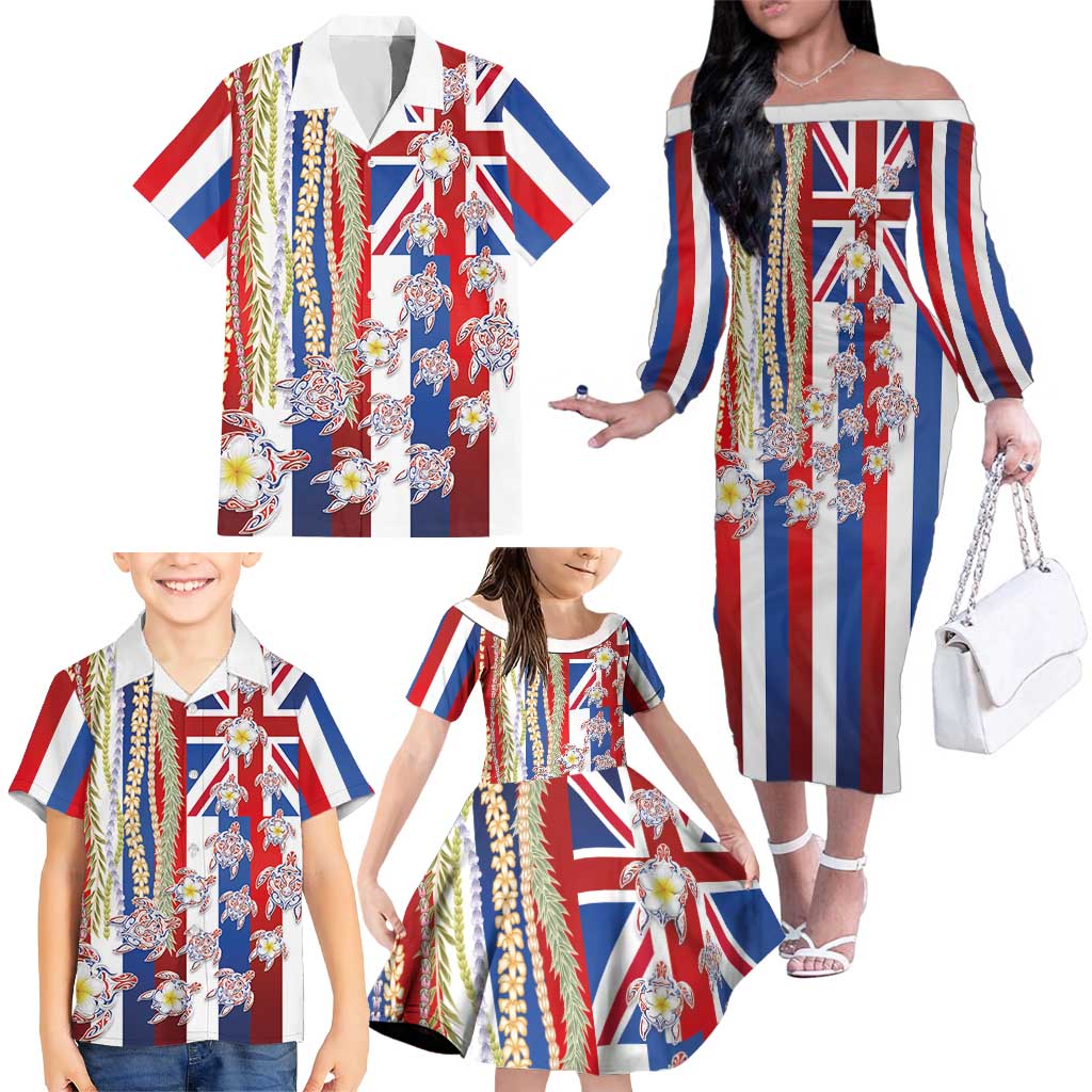Hawaiian Polynesian Tribal Turtles Family Matching Off The Shoulder Long Sleeve Dress and Hawaiian Shirt with Lei and Flag Style