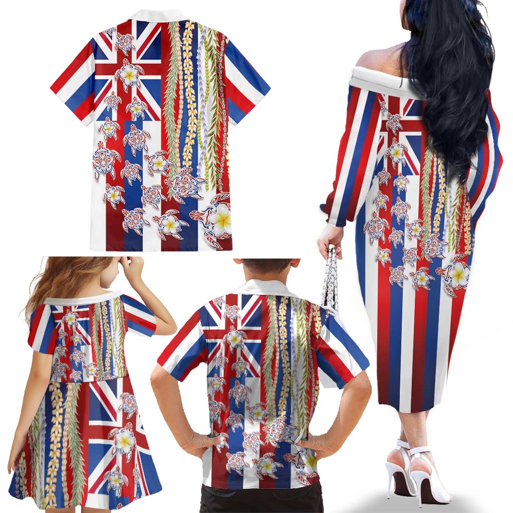 Hawaiian Polynesian Tribal Turtles Family Matching Off The Shoulder Long Sleeve Dress and Hawaiian Shirt with Lei and Flag Style