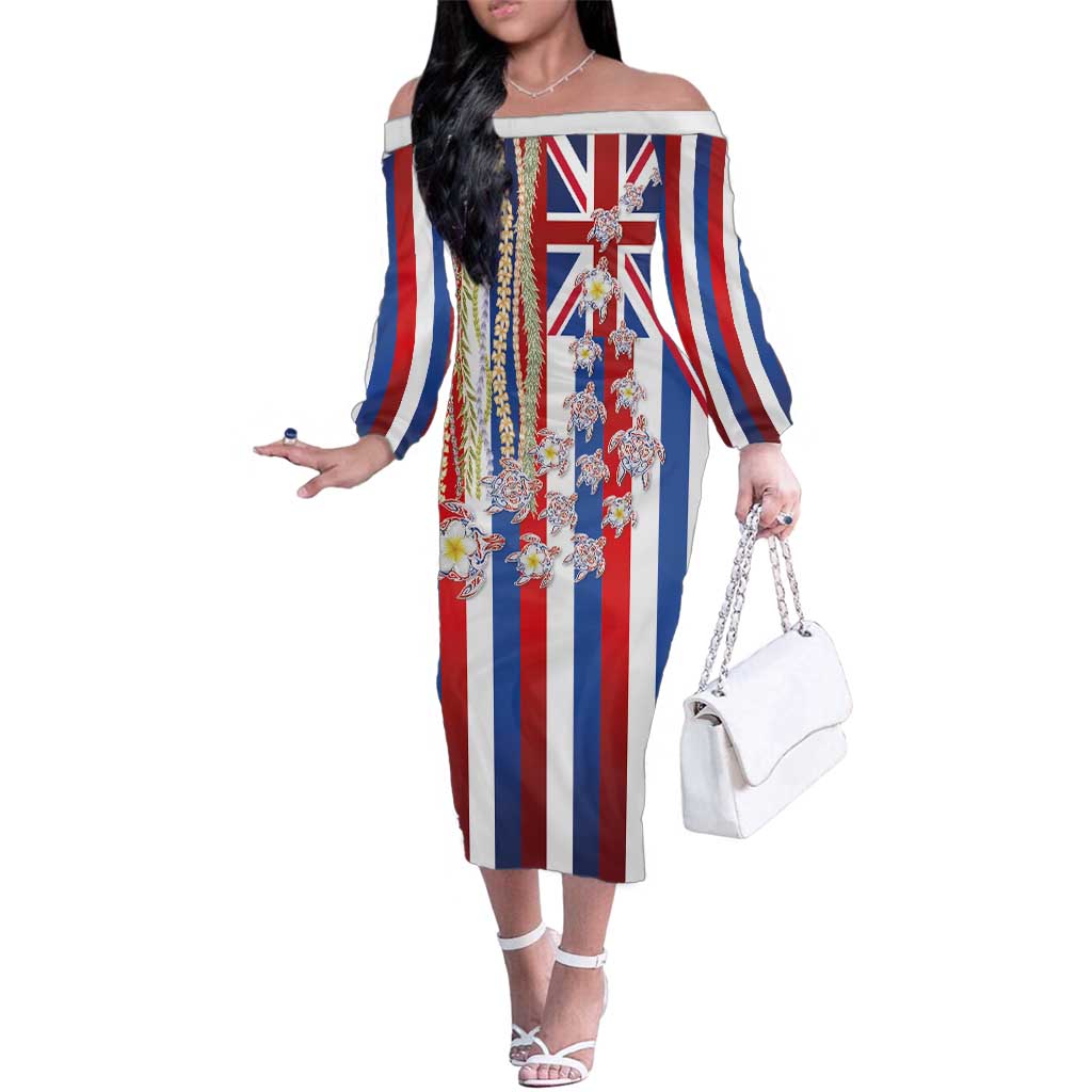 Hawaiian Polynesian Tribal Turtles Family Matching Off The Shoulder Long Sleeve Dress and Hawaiian Shirt with Lei and Flag Style
