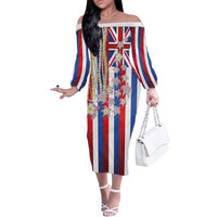 Hawaiian Polynesian Tribal Turtles Family Matching Off The Shoulder Long Sleeve Dress and Hawaiian Shirt with Lei and Flag Style
