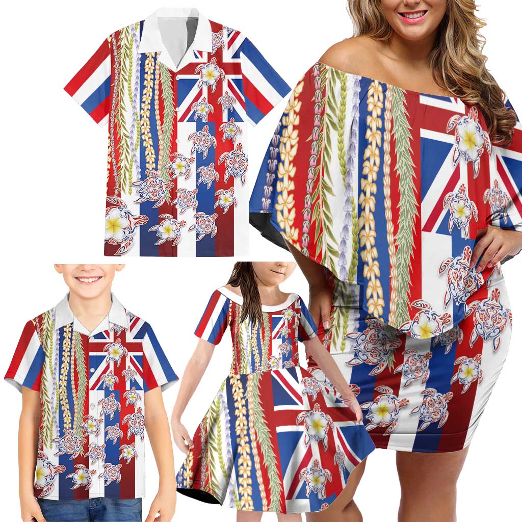 Hawaiian Polynesian Tribal Turtles Family Matching Off Shoulder Short Dress and Hawaiian Shirt with Lei and Flag Style LT03 - Polynesian Pride