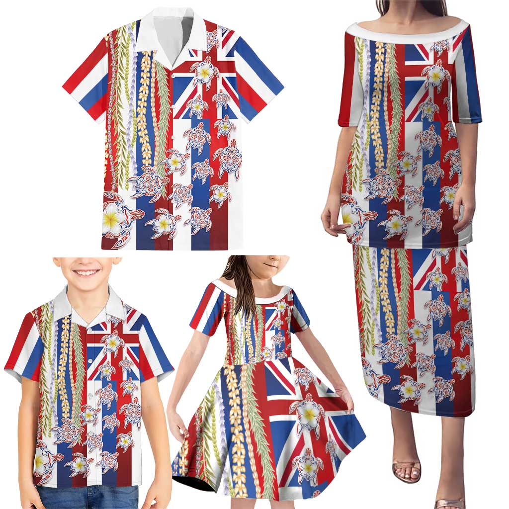 Hawaiian Polynesian Tribal Turtles Family Matching Puletasi and Hawaiian Shirt with Lei and Flag Style LT03 - Polynesian Pride