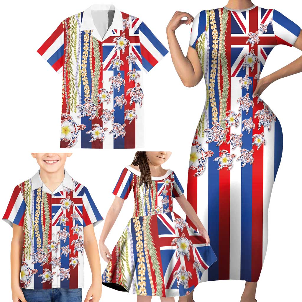 Hawaiian Polynesian Tribal Turtles Family Matching Short Sleeve Bodycon Dress and Hawaiian Shirt with Lei and Flag Style