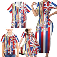 Hawaiian Polynesian Tribal Turtles Family Matching Short Sleeve Bodycon Dress and Hawaiian Shirt with Lei and Flag Style