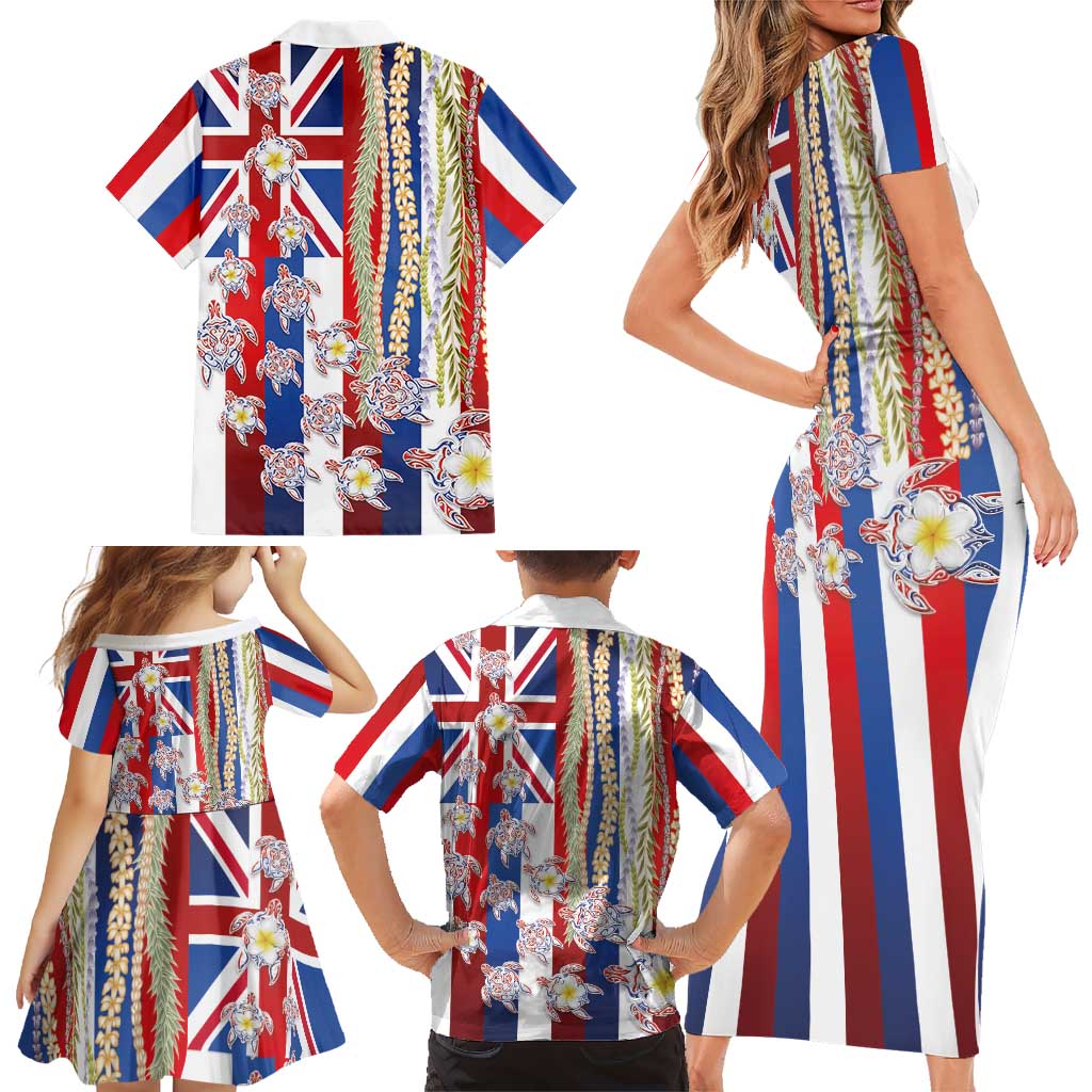 Hawaiian Polynesian Tribal Turtles Family Matching Short Sleeve Bodycon Dress and Hawaiian Shirt with Lei and Flag Style