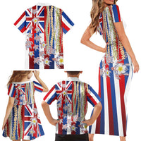 Hawaiian Polynesian Tribal Turtles Family Matching Short Sleeve Bodycon Dress and Hawaiian Shirt with Lei and Flag Style