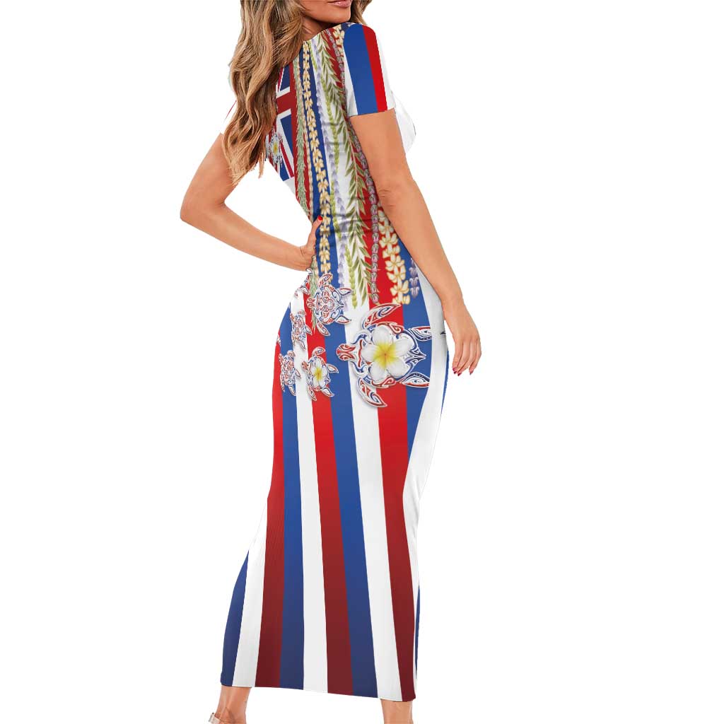 Hawaiian Polynesian Tribal Turtles Family Matching Short Sleeve Bodycon Dress and Hawaiian Shirt with Lei and Flag Style