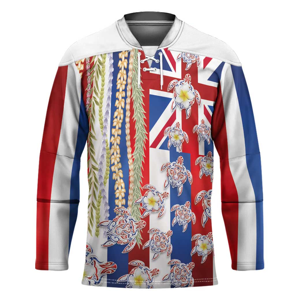 Hawaiian Polynesian Tribal Turtles Hockey Jersey with Lei and Flag Style