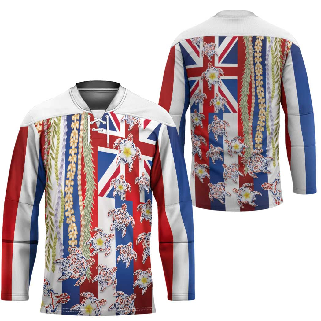 Hawaiian Polynesian Tribal Turtles Hockey Jersey with Lei and Flag Style