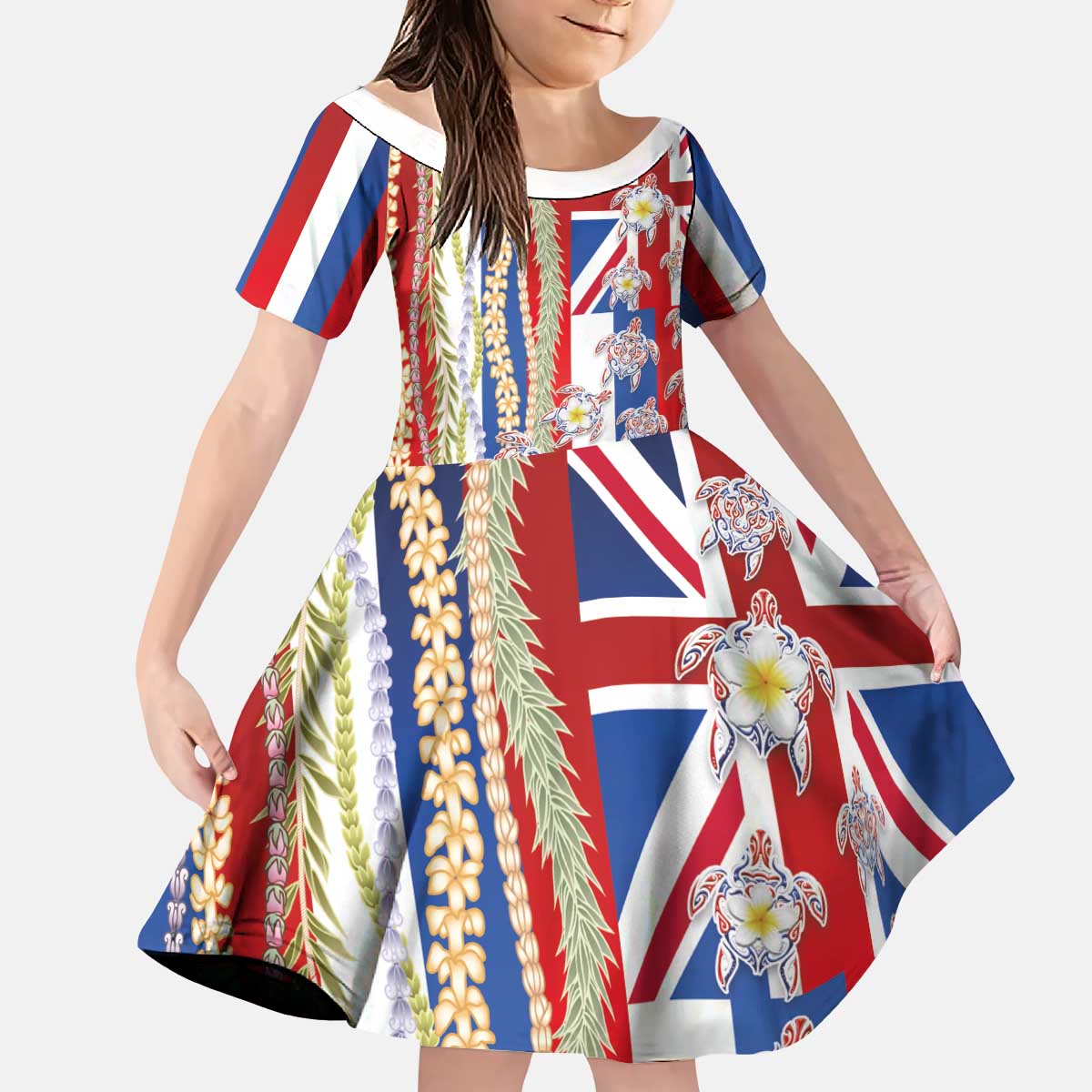 Hawaiian Polynesian Tribal Turtles Kid Short Sleeve Dress with Lei and Flag Style