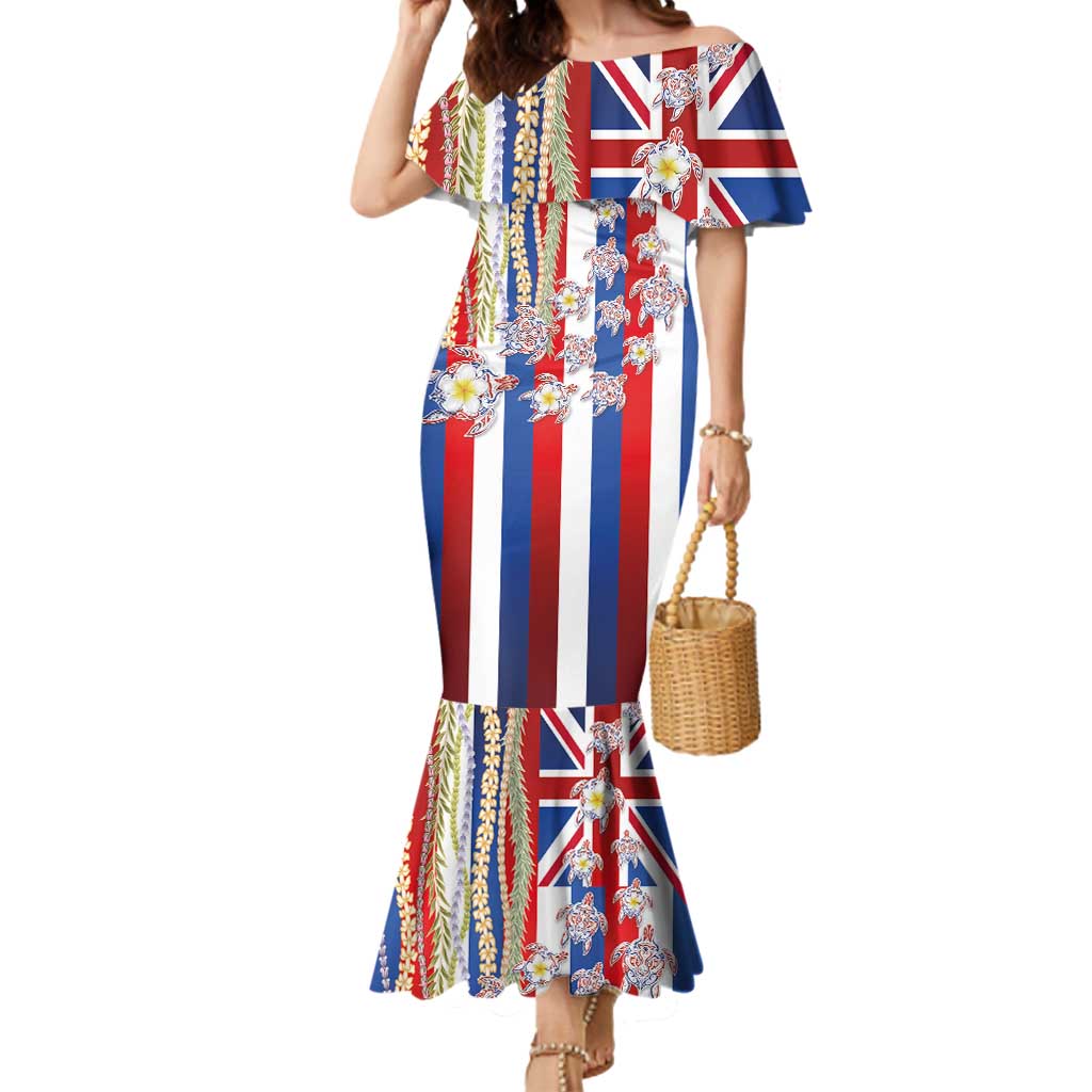 Hawaiian Polynesian Tribal Turtles Mermaid Dress with Lei and Flag Style LT03 Women Multicolor - Polynesian Pride