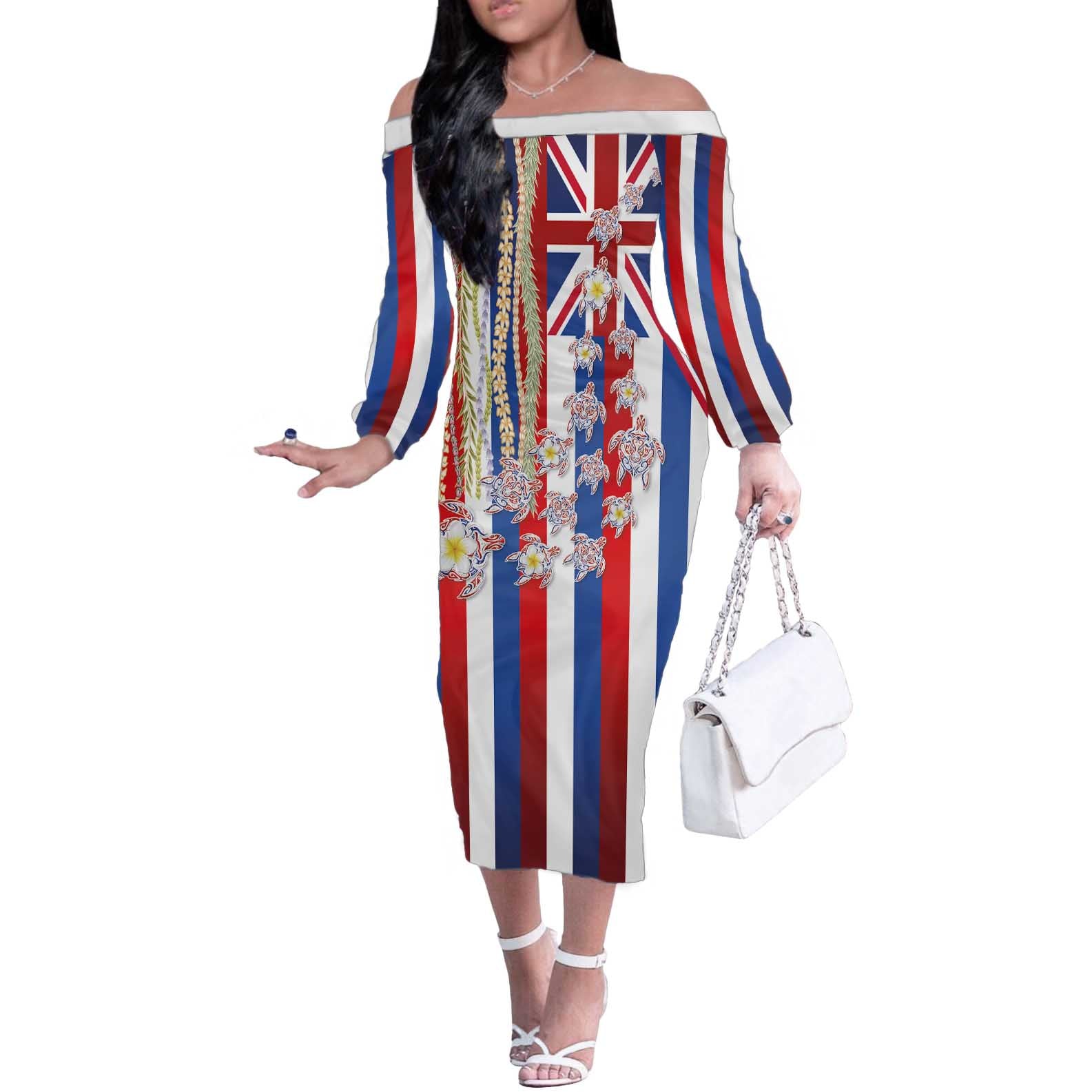 Hawaiian Polynesian Tribal Turtles Off The Shoulder Long Sleeve Dress with Lei and Flag Style