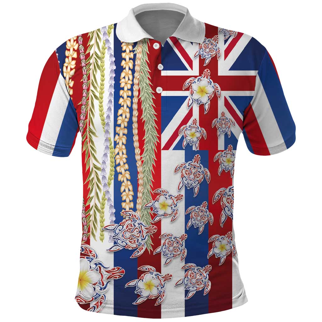Hawaiian Polynesian Tribal Turtles Polo Shirt with Lei and Flag Style
