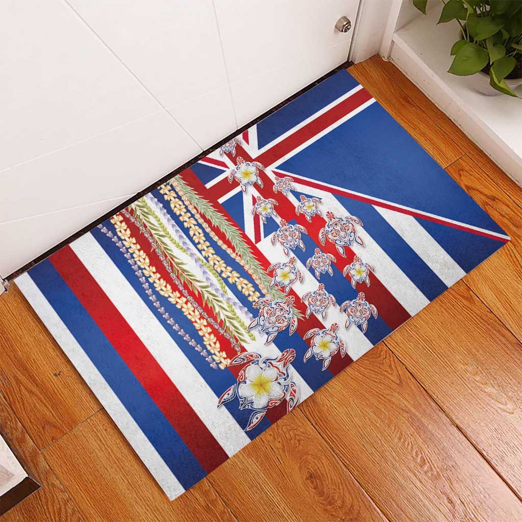 Hawaiian Polynesian Tribal Turtles Rubber Doormat with Lei and Flag Style