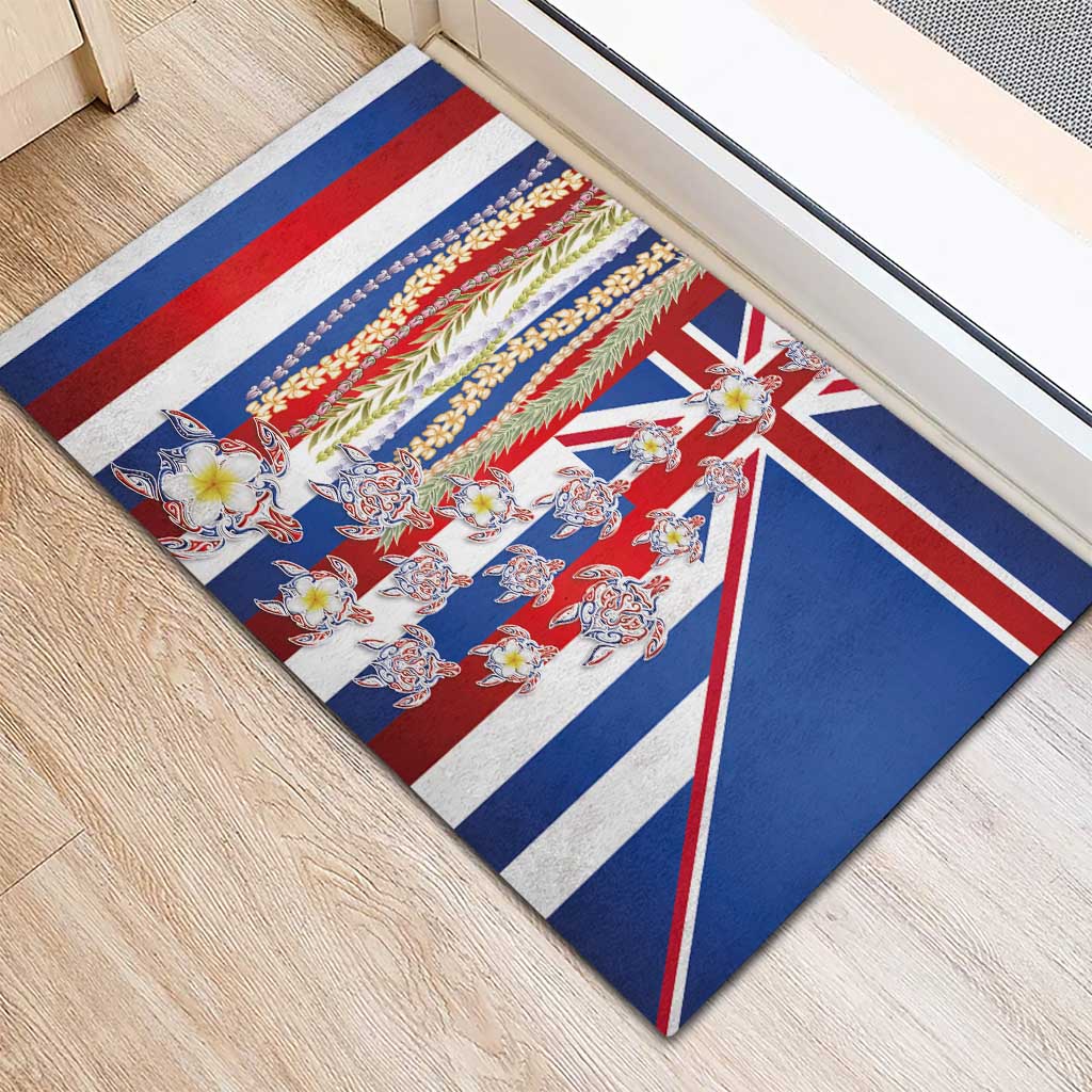 Hawaiian Polynesian Tribal Turtles Rubber Doormat with Lei and Flag Style