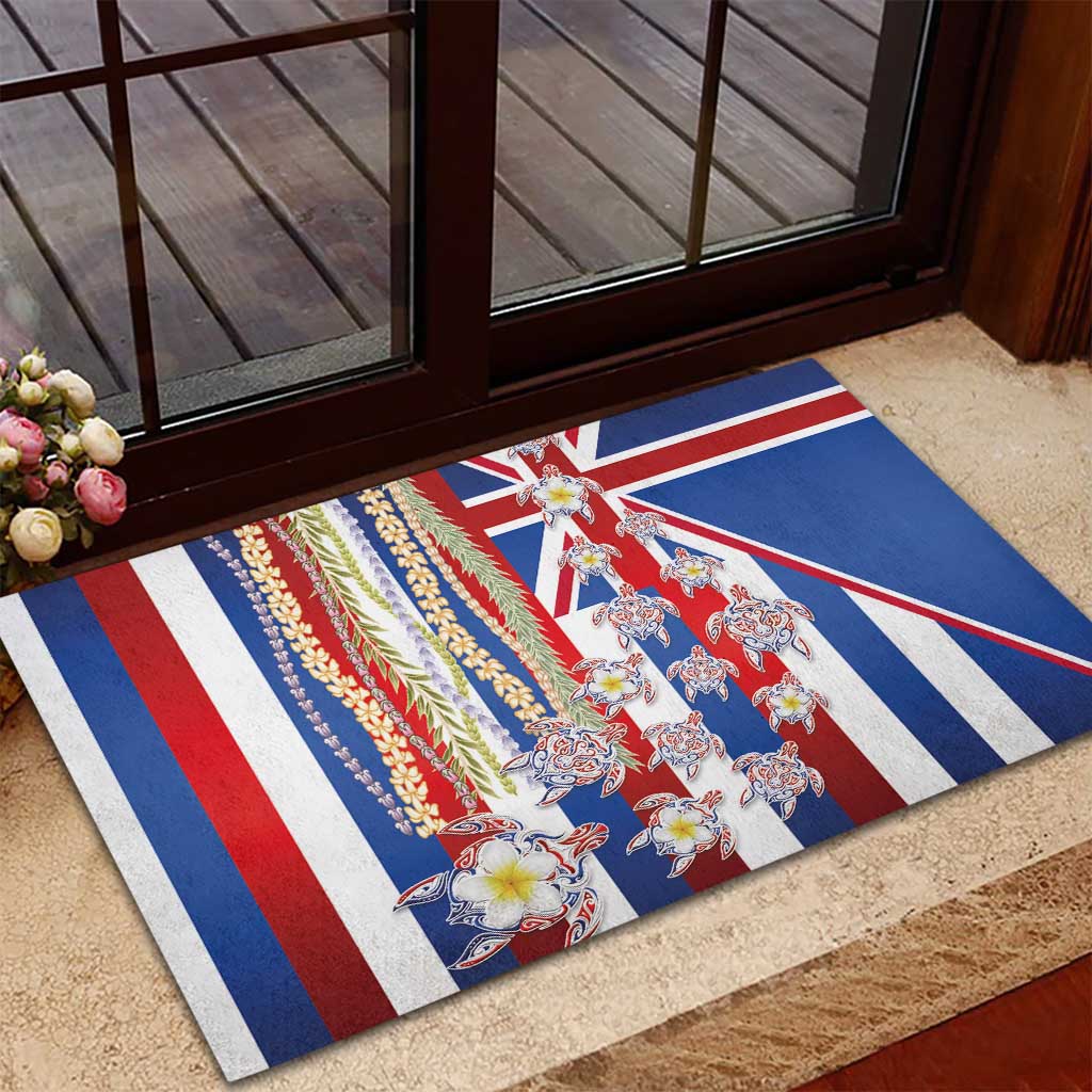 Hawaiian Polynesian Tribal Turtles Rubber Doormat with Lei and Flag Style