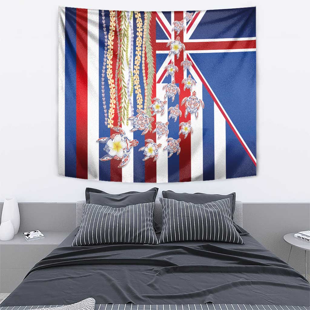 Hawaiian Polynesian Tribal Turtles Tapestry with Lei and Flag Style