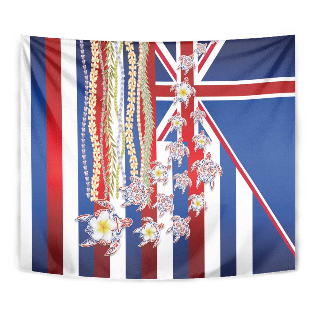 Hawaiian Polynesian Tribal Turtles Tapestry with Lei and Flag Style