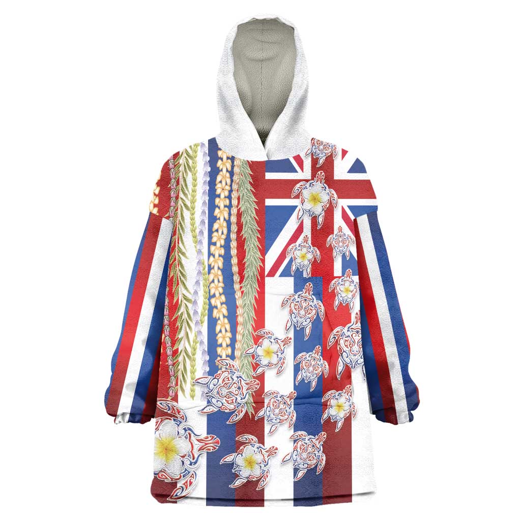 Hawaiian Polynesian Tribal Turtles Wearable Blanket Hoodie with Lei and Flag Style