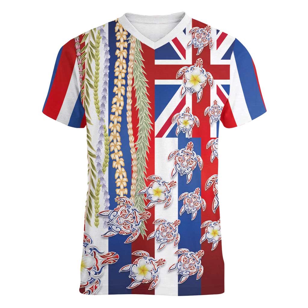 Hawaiian Polynesian Tribal Turtles Women V-Neck T-Shirt with Lei and Flag Style