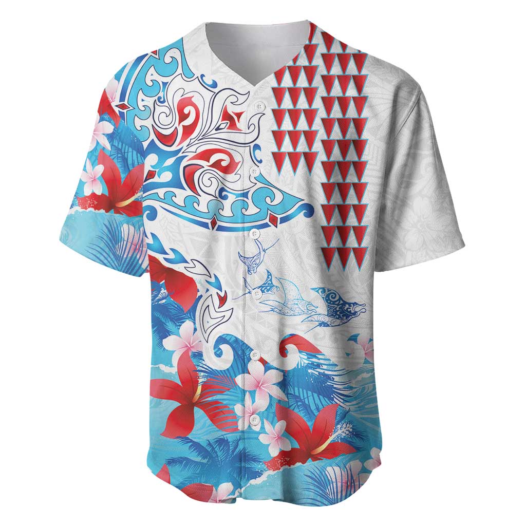 Hawaiian Tribal Manta Ray Baseball Jersey Kakau Tattoo and Flowers Surfing Waves Pattern Ocean Color